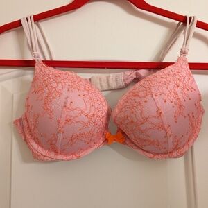 Victoria's Secret Very Sexy Pink Lace Push-Up Bra with Pink-Orange Accents 36B
